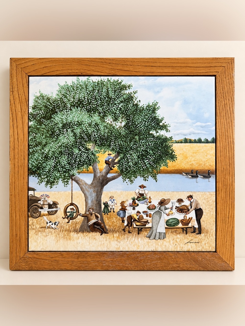 1982 Lowell Herrero Picnic Framed Folk Art Print Brown Green Kitchen Trivet
